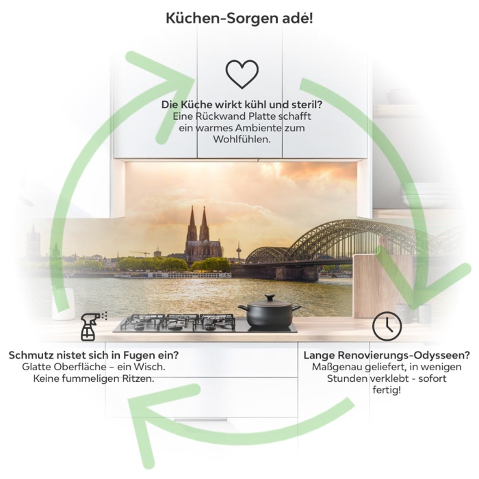Küchenrückwand Platte Rheinblick auf die Architektonische Schönheit Kölns Produktdetailbild 1: Küchen-Sorgen ade!