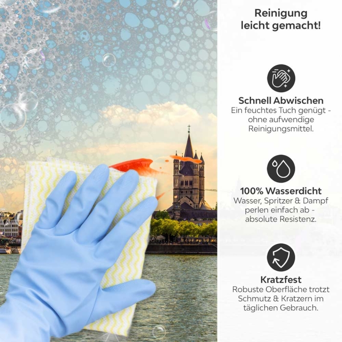 Küchenrückwand Platte Rheinblick auf die Architektonische Schönheit Kölns Produktdetailbild 3: Reinigung leicht gemacht!