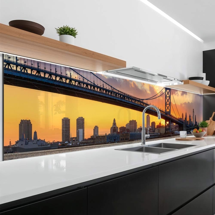 Küchenrückwand Platte | Brücke zur Metropole im Feurigem Licht