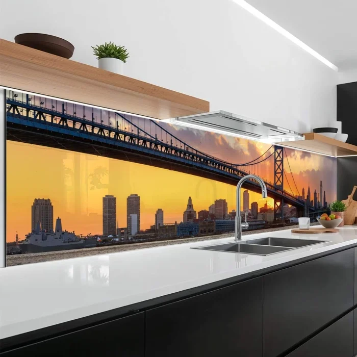Küchenrückwand Platte Brücke zur Metropole im Feurigem Licht Hauptbild 1