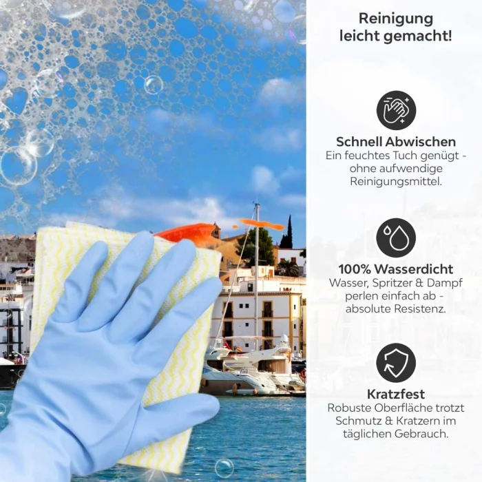 Küchenrückwand Platte Hafen im Mittelmeer Produktdetailbild 3: Reinigung leicht gemacht!