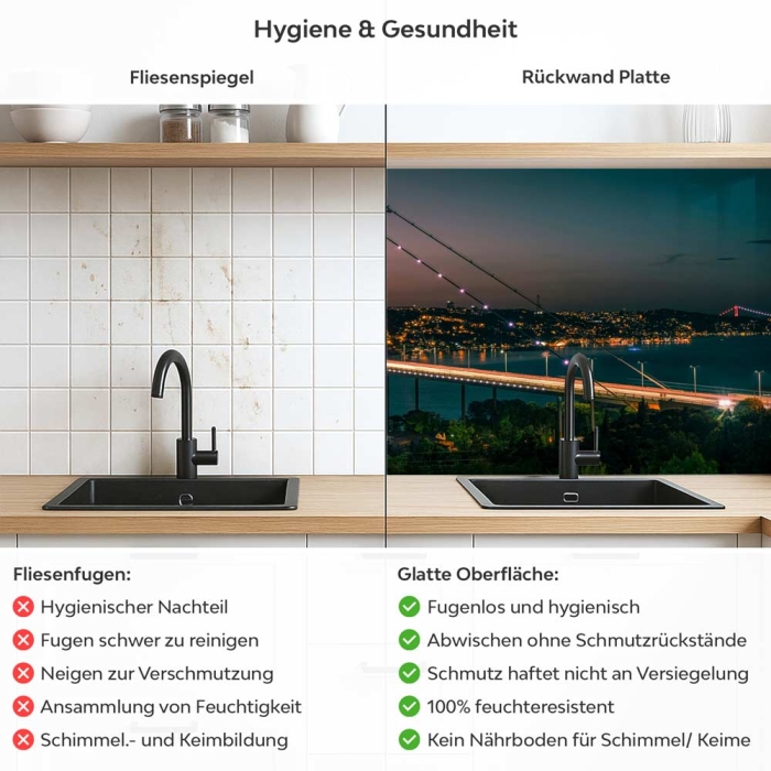 Küchenrückwand Platte Bosporus Brücke bei Nächtlicher Pracht Produktdetailbild 2: Hygiene und Gesundheit!