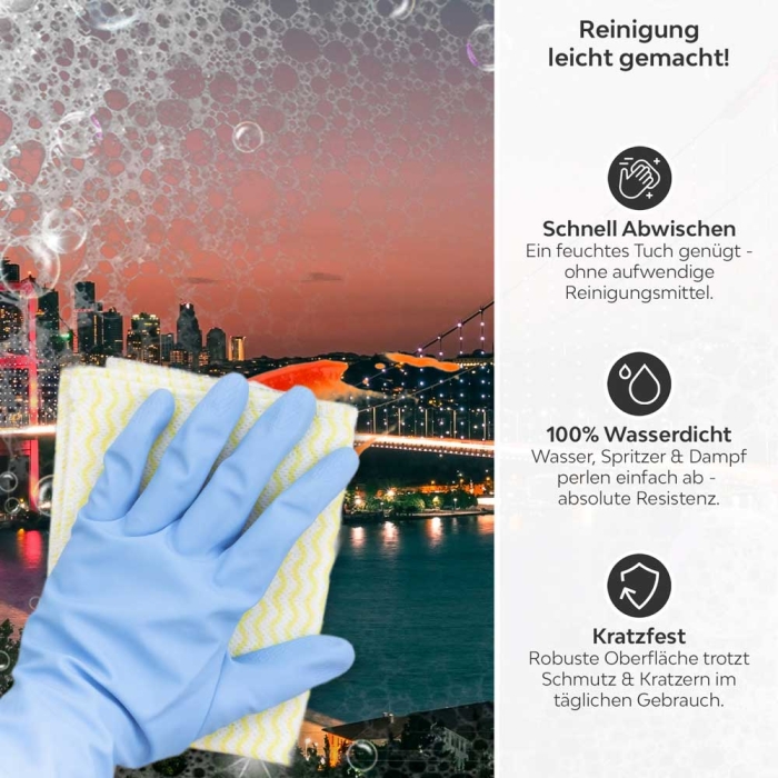 Küchenrückwand Platte Bosporus Brücke bei Nächtlicher Pracht Produktdetailbild 3: Reinigung leicht gemacht!