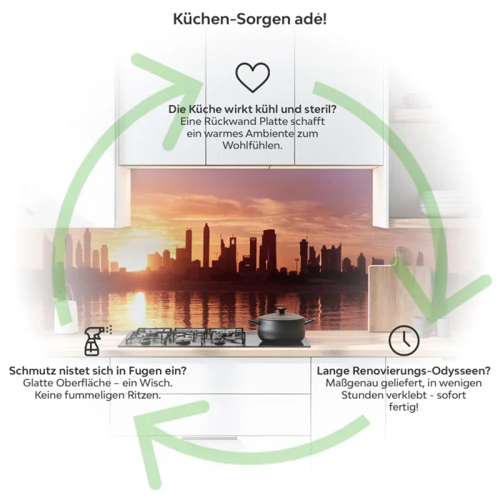 Küchenrückwand Platte Dubais Silhouette im Glanz der Dämmerung Produktdetailbild 1: Küchen-Sorgen ade!