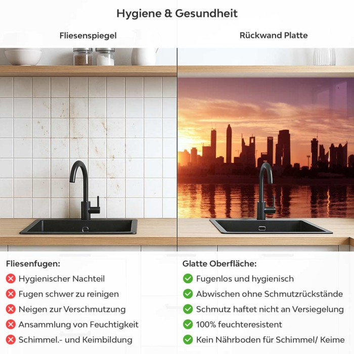 Küchenrückwand Platte Dubais Silhouette im Glanz der Dämmerung Produktdetailbild 2: Hygiene und Gesundheit!