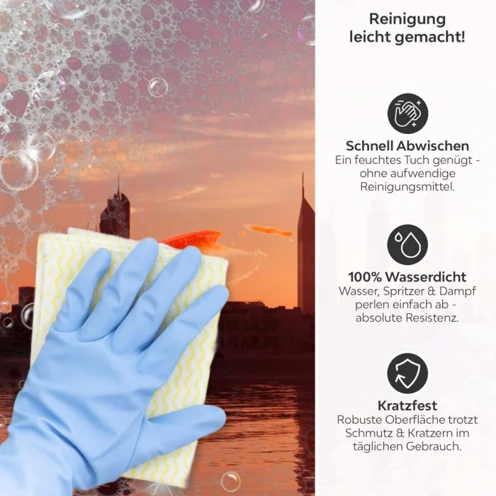 Küchenrückwand Platte Dubais Silhouette im Glanz der Dämmerung Produktdetailbild 3: Reinigung leicht gemacht!