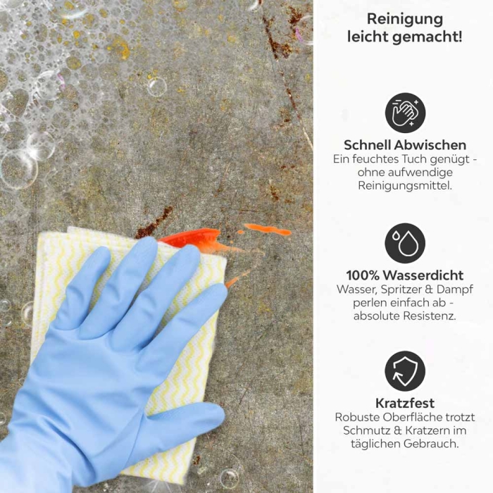 Küchenrückwand Platte Verwitterter Beton mit Rost Produktdetailbild 3: Reinigung leicht gemacht!