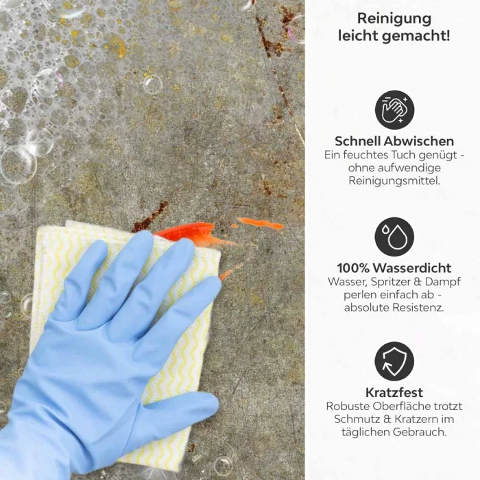 Küchenrückwand Platte Verwitterter Beton mit Rost Produktdetailbild 3: Reinigung leicht gemacht!