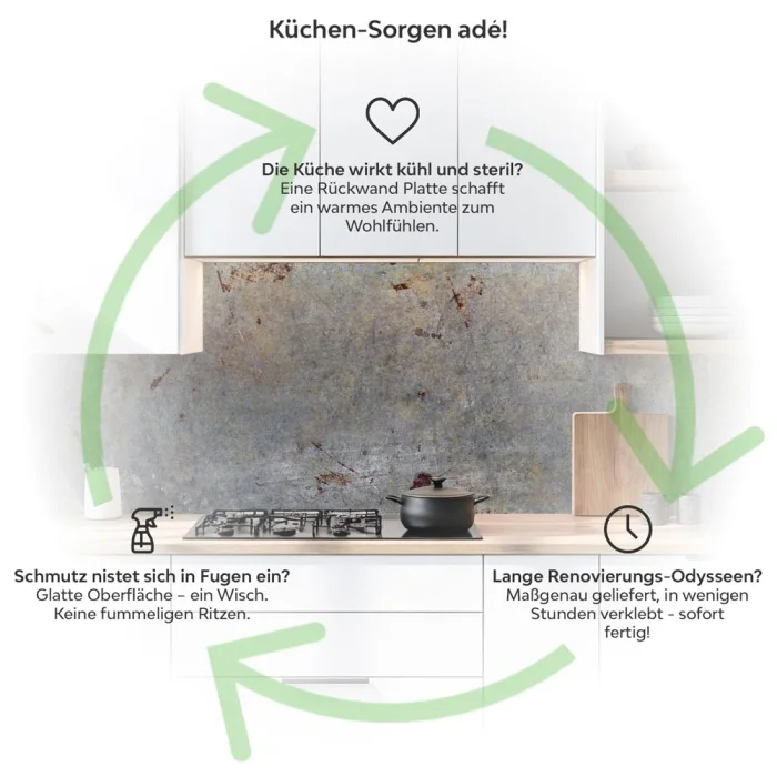 Küchenrückwand Platte Industrial Loft Beton Rost Produktdetailbild 1: Küchen-Sorgen ade!