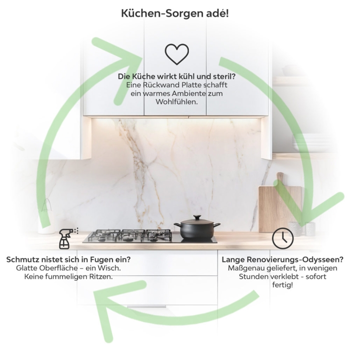 Küchenrückwand Platte Marmoroptik mit Goldakzenten Produktdetailbild: Küchen-Sorgen ade!