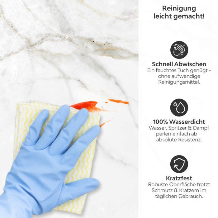 Küchenrückwand Platte Marmordesign mit Grauen Adern Produktdetailbild 3: Reinigung leicht gemacht!