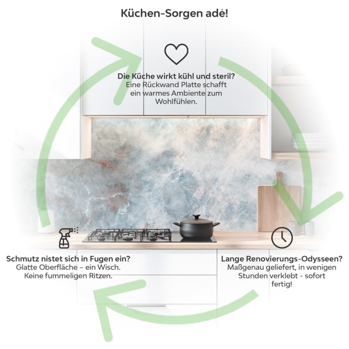 Küchenrückwand Platte Eisblauer Marmoroptik mit Kupferadern Produktdetailbild 1: Küchen-Sorgen ade!
