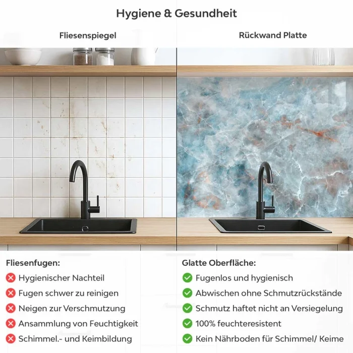 Küchenrückwand Platte Eisblauer Marmoroptik mit Kupferadern Produktdetailbild 2: Hygiene und Gesundheit!