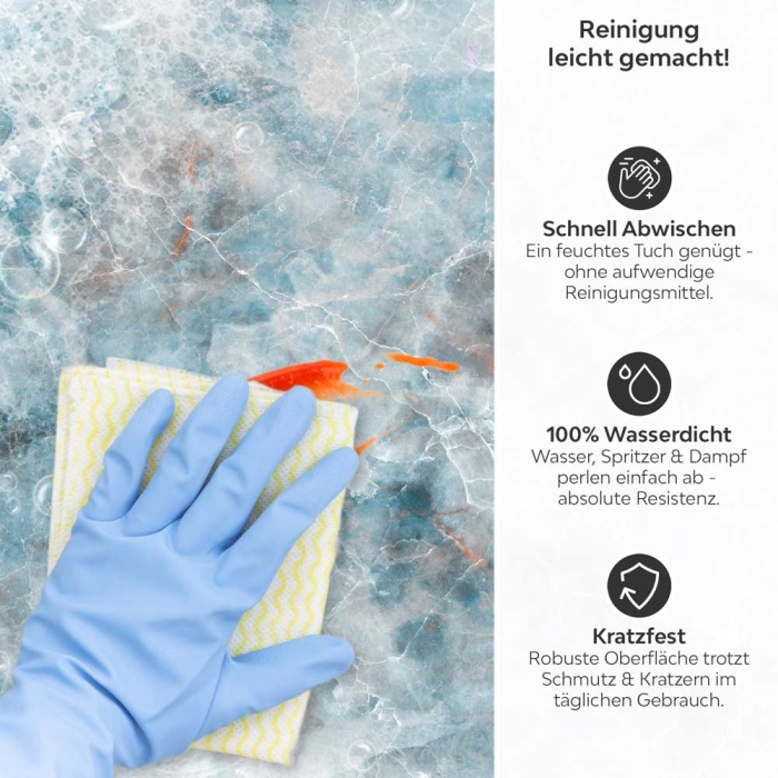 Küchenrückwand Platte Eisblauer Marmoroptik mit Kupferadern Produktdetailbild 3: Reinigung leicht gemacht!
