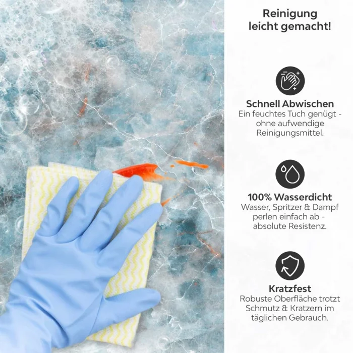 Küchenrückwand Platte Eisblauer Marmoroptik mit Kupferadern Produktdetailbild 3: Reinigung leicht gemacht!