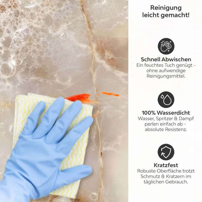 Küchenrückwand Platte Naturstein Marmor in Creme & Kupfer Produktdetailbild 3: Reinigung leicht gemacht!