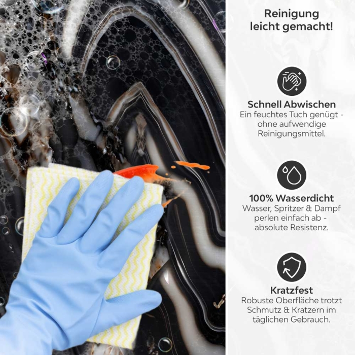 Küchenrückwand Platte Schwarzer Luxus Marmor Produktdetailbild 3: Reinigung leicht gemacht!