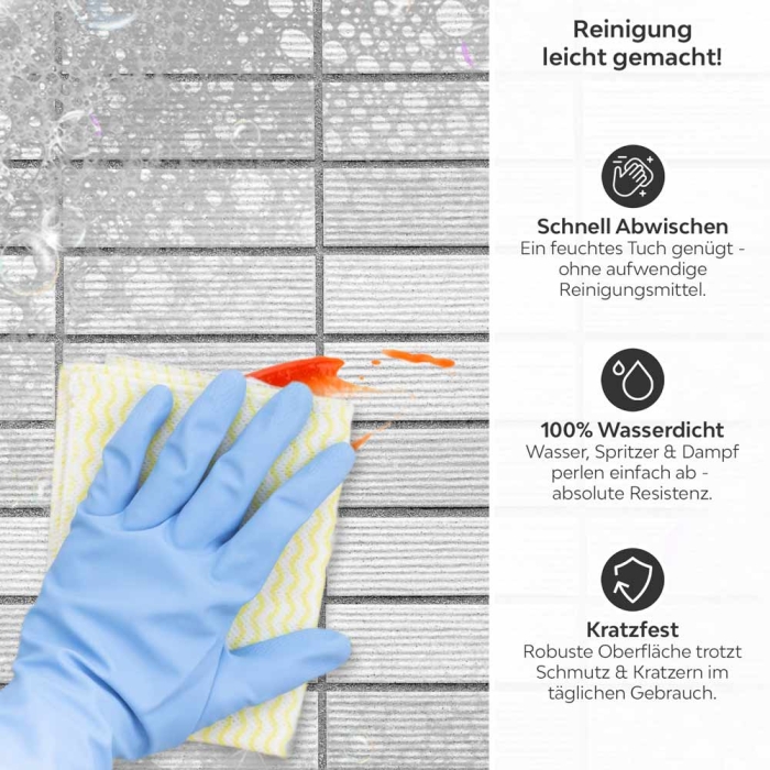 Küchenrückwand Platte Moderne Steinoptik in Kachelmuster Produktdetailbild 3: Reinigung leicht gemacht!