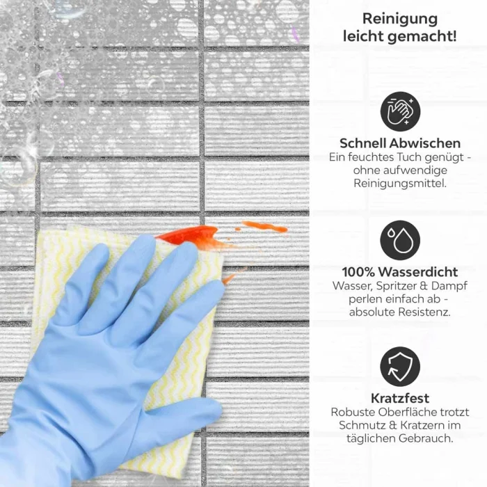 Küchenrückwand Platte Moderne Steinoptik in Kachelmuster Produktdetailbild 3: Reinigung leicht gemacht!
