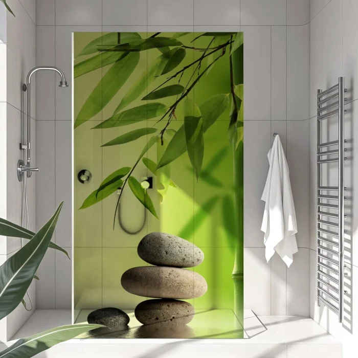 Sichtschutzfolie Dusche | Steinbalance unter Bambuszweig