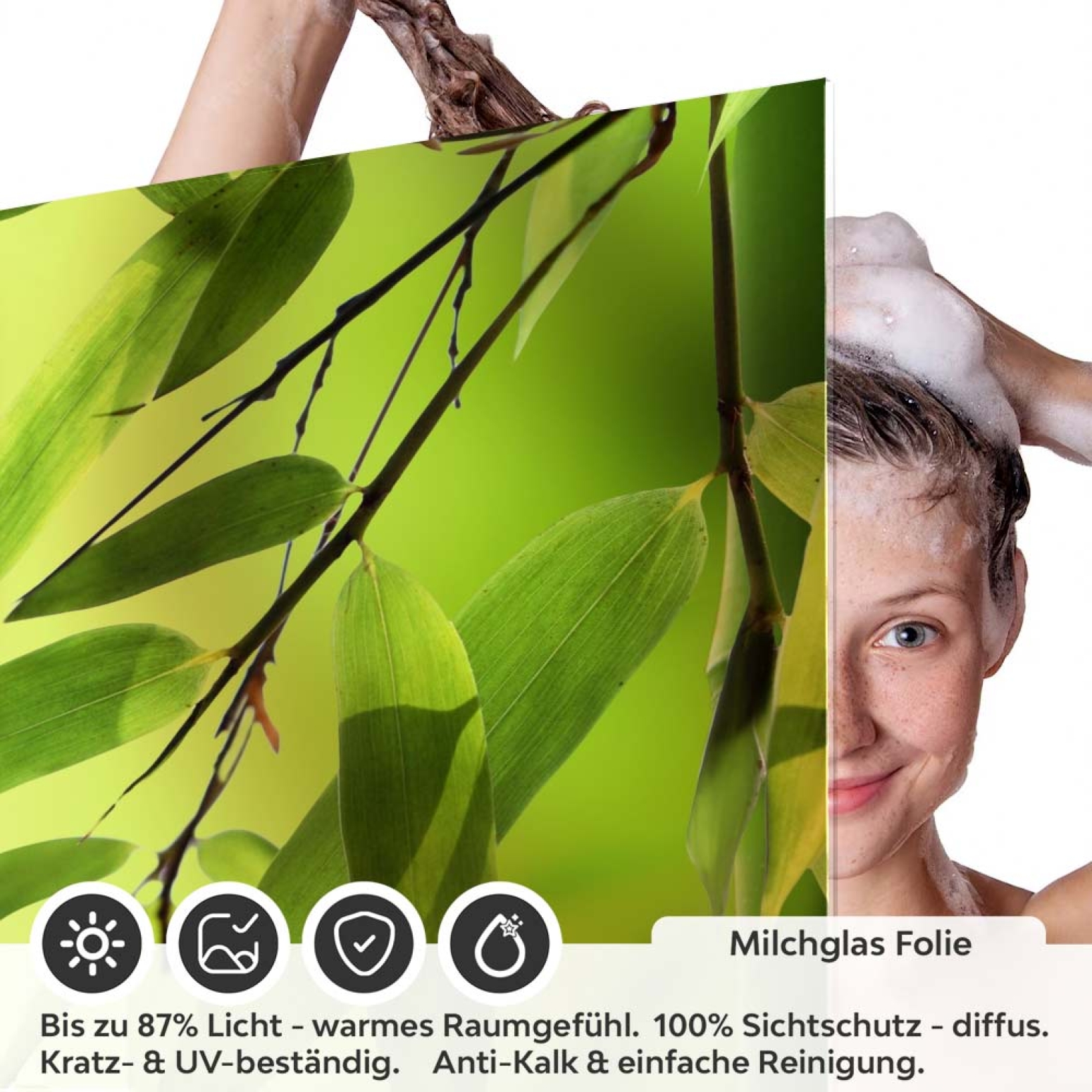 Sichtschutzfolie Dusche | Steinbalance unter Bambuszweig
