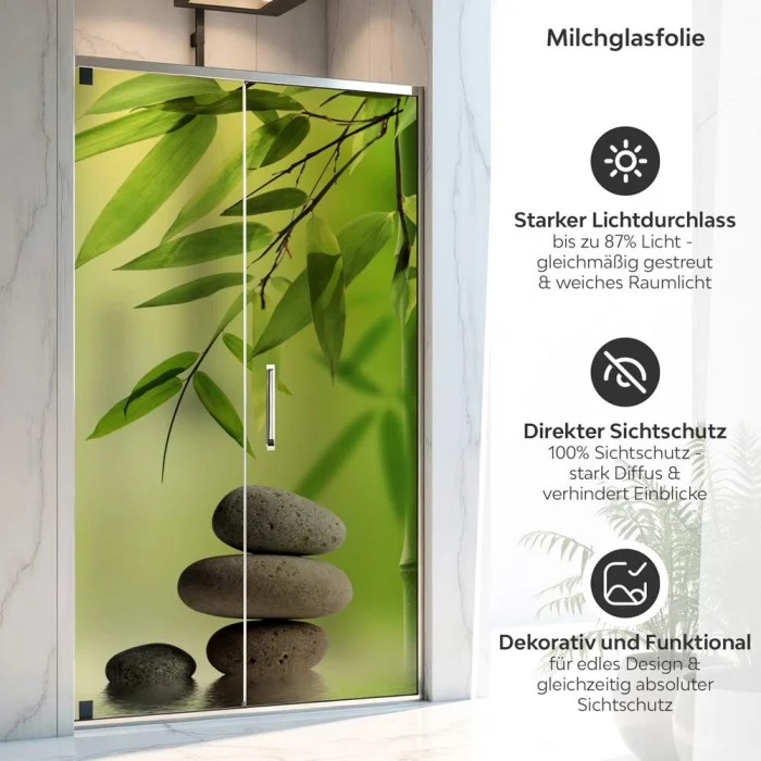 Sichtschutzfolie Dusche | Steinbalance unter Bambuszweig