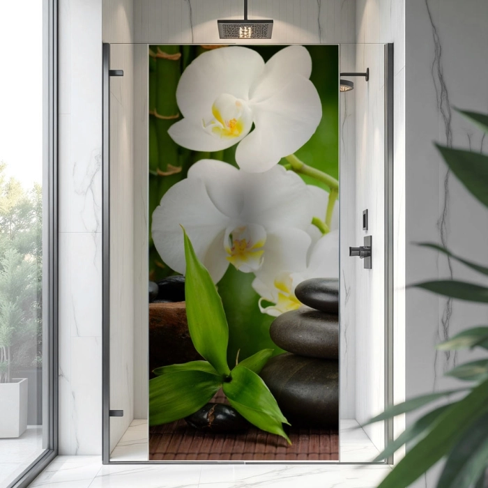 Sichtschutzfolie Dusche | Orchidee mit Balance-Stein und Bambus