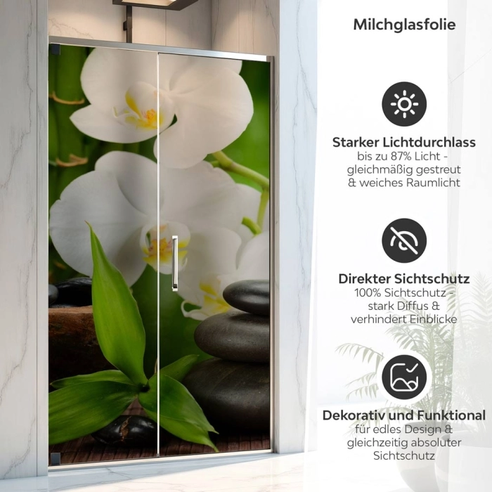 Sichtschutzfolie Dusche | Orchidee mit Balance-Stein und Bambus