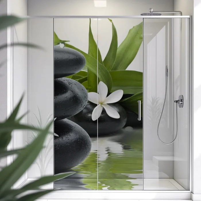 Sichtschutzfolie Dusche | SPA Steinbalance mit Blüte und Bambusblatt