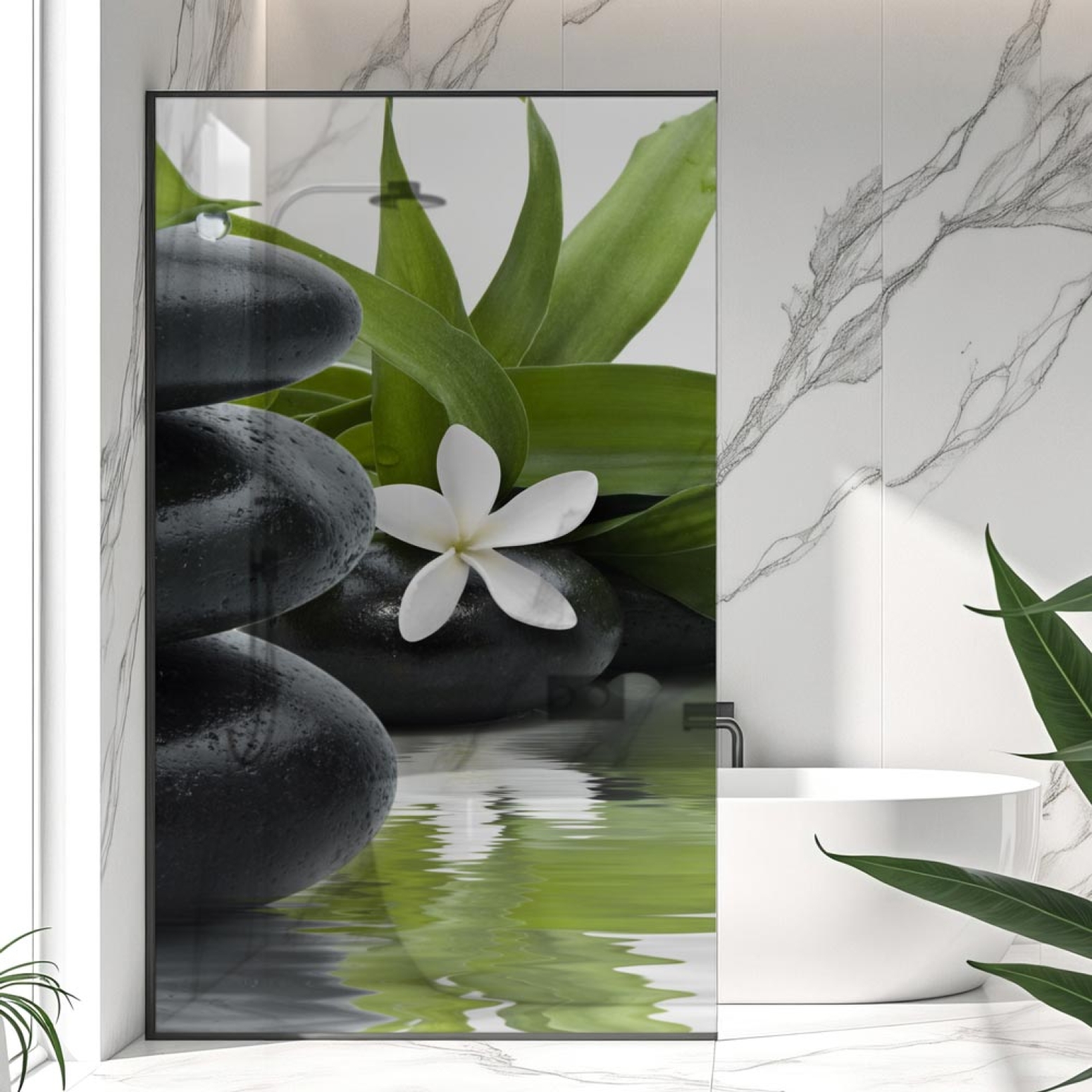 Sichtschutzfolie Dusche | SPA Steinbalance mit Blüte und Bambusblatt