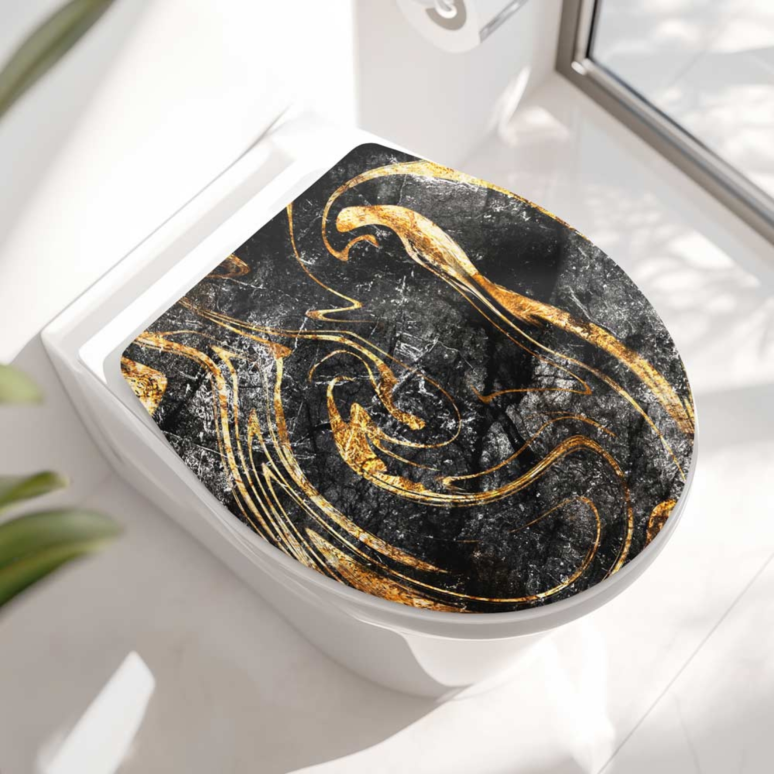 WC-Deckel Aufkleber schwarz goldenes Marmoroptik