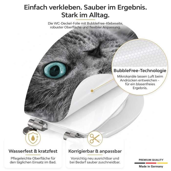 WC-Deckel Aufkleber graue Katze mit blauen Augen Detailbild der Folie