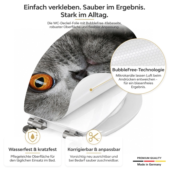 WC-Deckel Aufkleber graue Katze mit orangenen Augen Detailbild der Folie