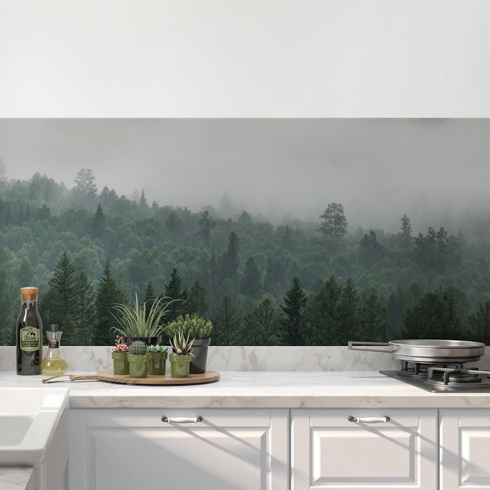 Fensterfolie - Sichtschutz - Nebel im Tannenwald Schwarz-Weiß
