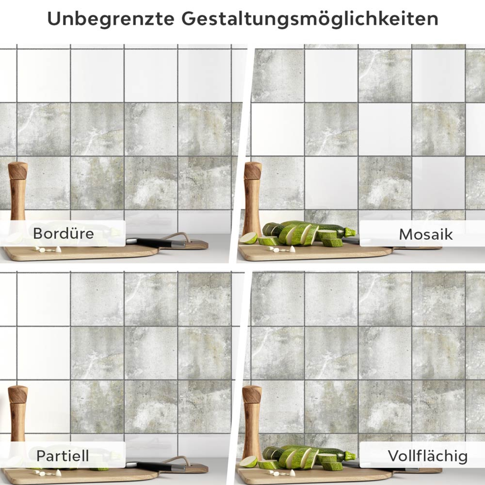 Fliesenaufkleber Betonoptik Anwendungsmöglichkeiten in Collage Bild 1