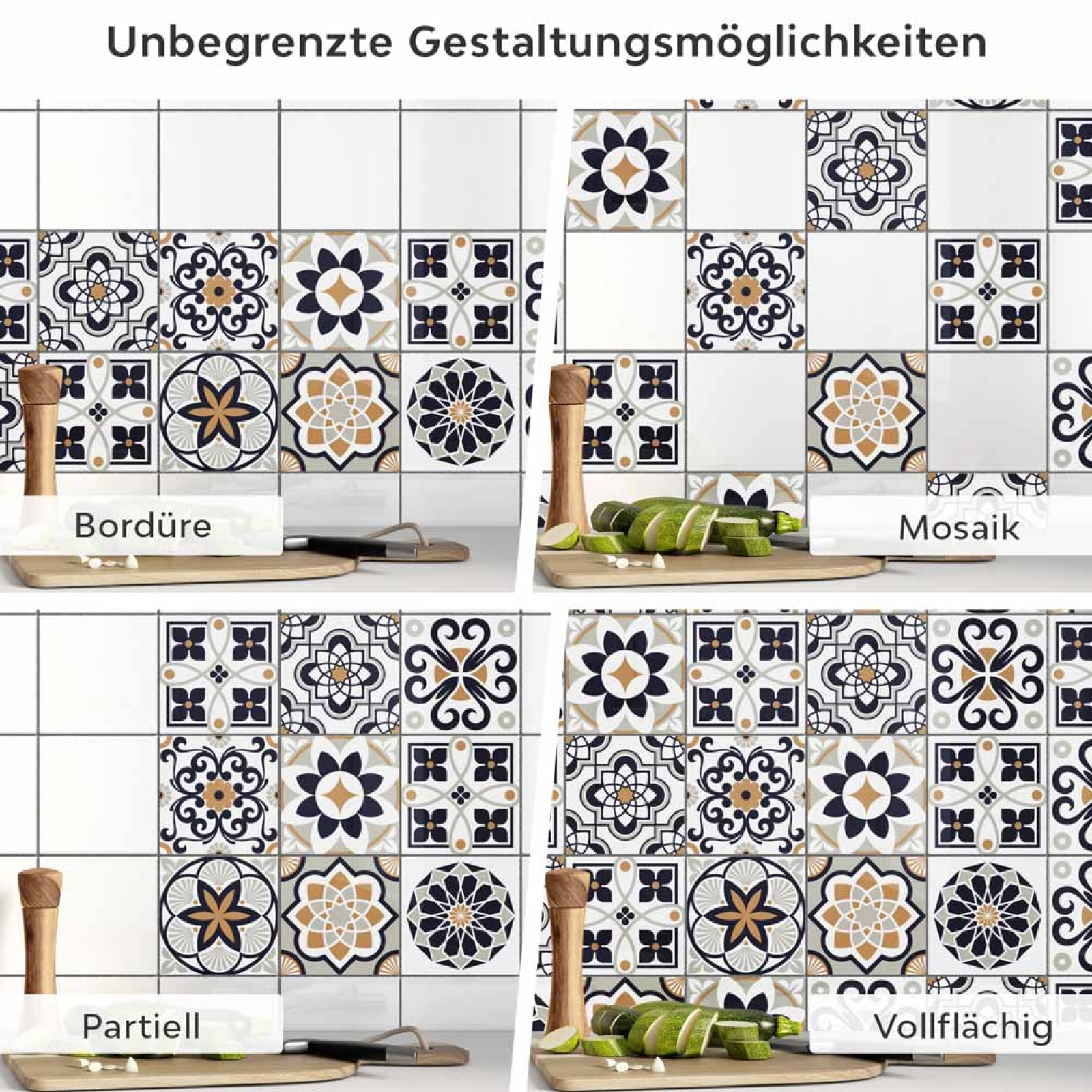 Fliesenaufkleber Patchwork Kacheln Anwendungsmöglichkeiten in Collage Bild 1