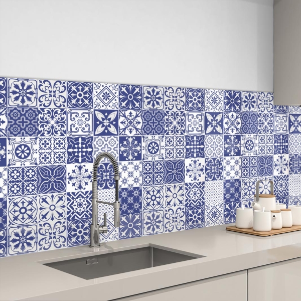 Küchenrückwand Aluverbund blau weiß Patchwork Bild 3