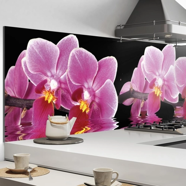 Küchenrückwand Aluverbund Orchideen rosa schwarz Bild 1