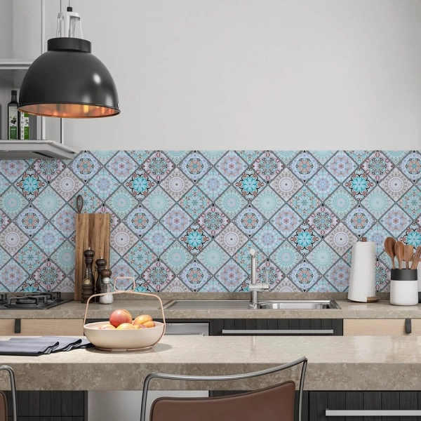 küchenrückwand folie blauer patchwork bild 2