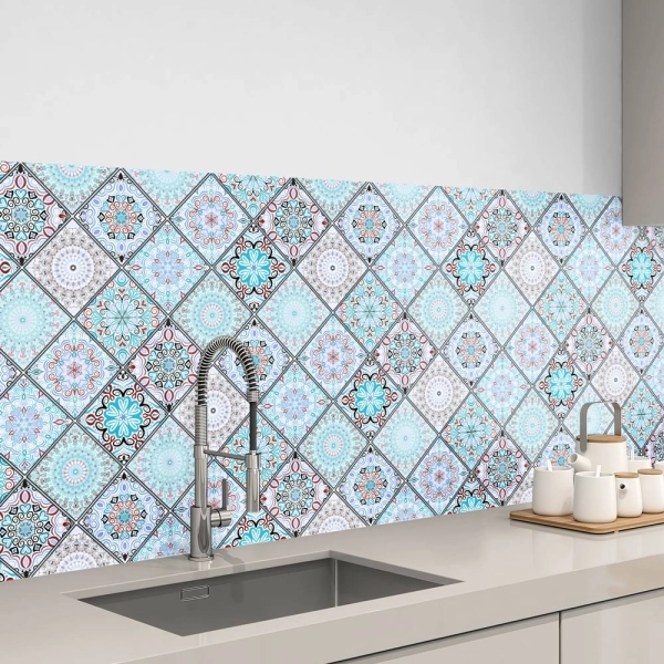 küchenrückwand folie blauer patchwork bild 1