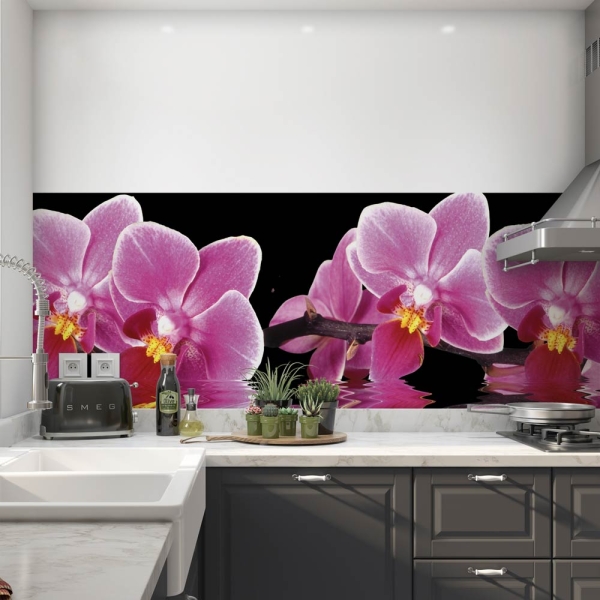 kuechenrueckwand folie orchideen rosa schwarz bild 1