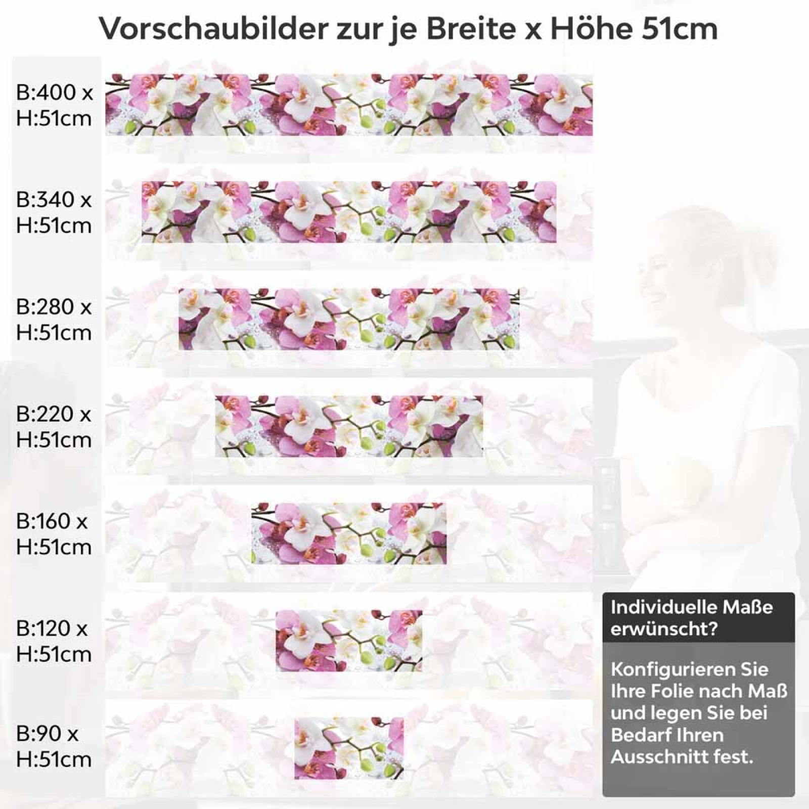 Küchenrückwand Folie Orchidee in Pink & Weiß Höhe 51cm