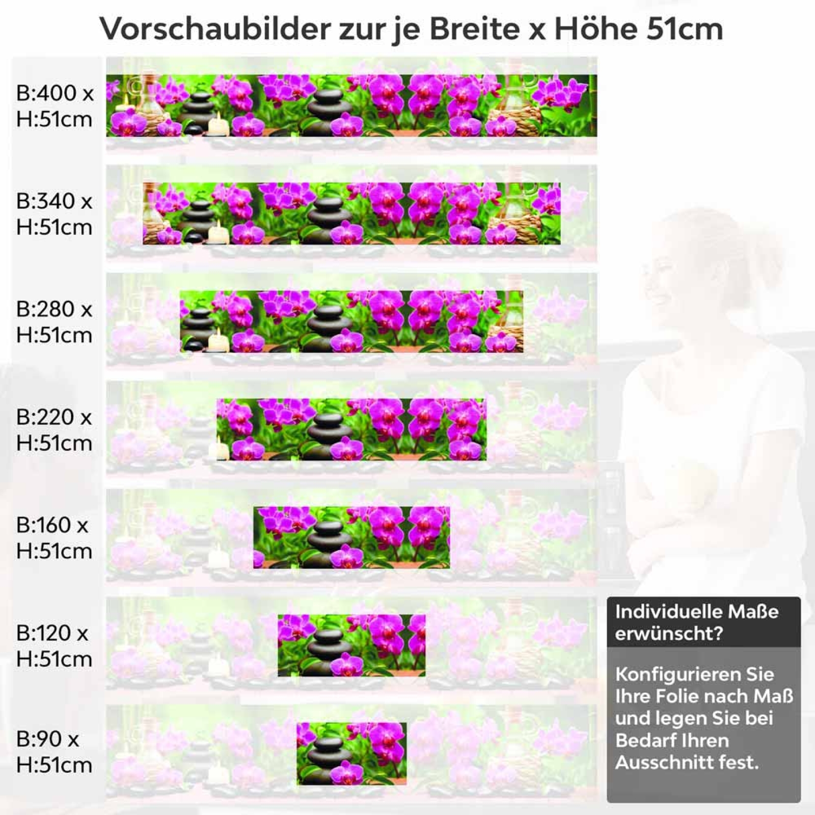 Küchenrückwand Folie Steine Orchideen Bambus & Kerzen Höhe 51cm