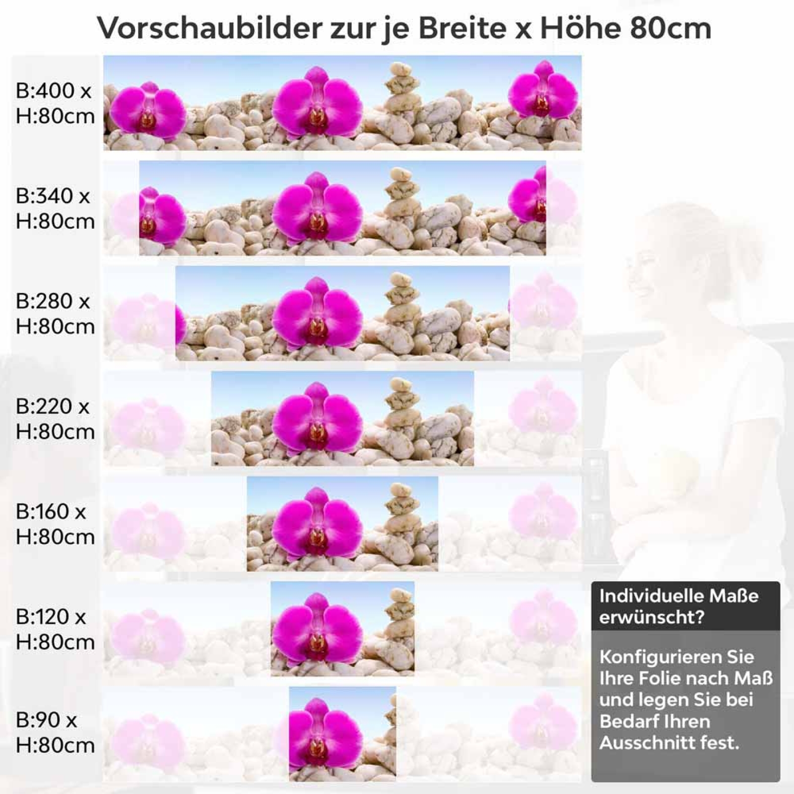 Küchenrückwand Folie Orchideen & Sandsteine Höhe 80cm