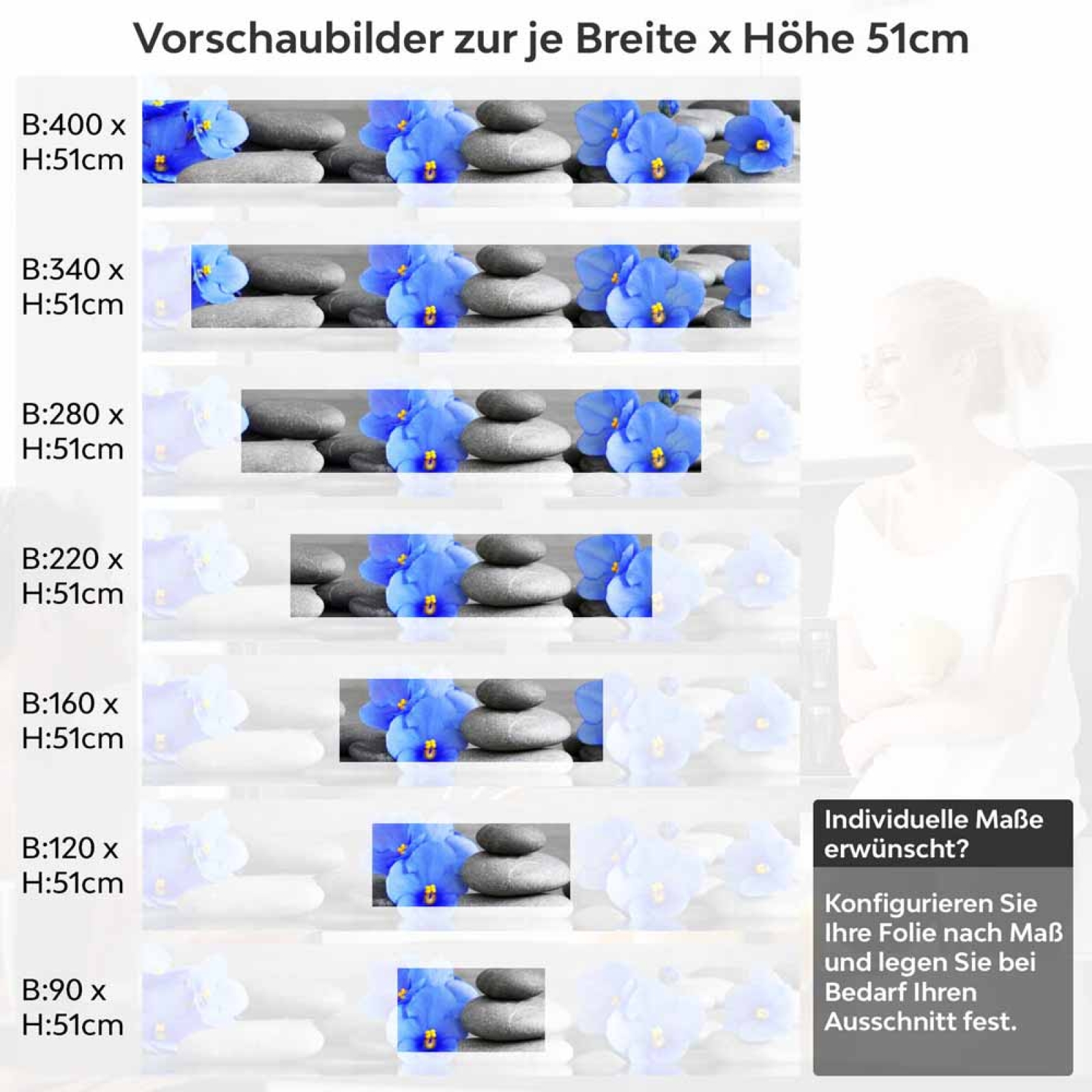 Küchenrückwand Folie blaue Blumen Zen SPA Steine Höhe 51cm