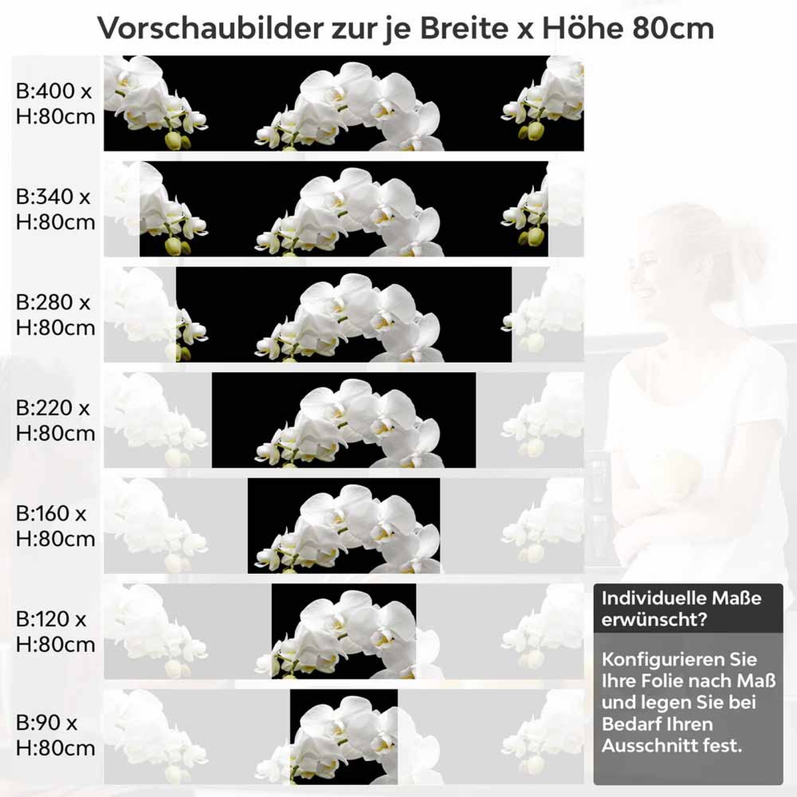 Küchenrückwand Folie weiße Orchideen - Modernes Design mit edlen Akzenten Höhe 80cm