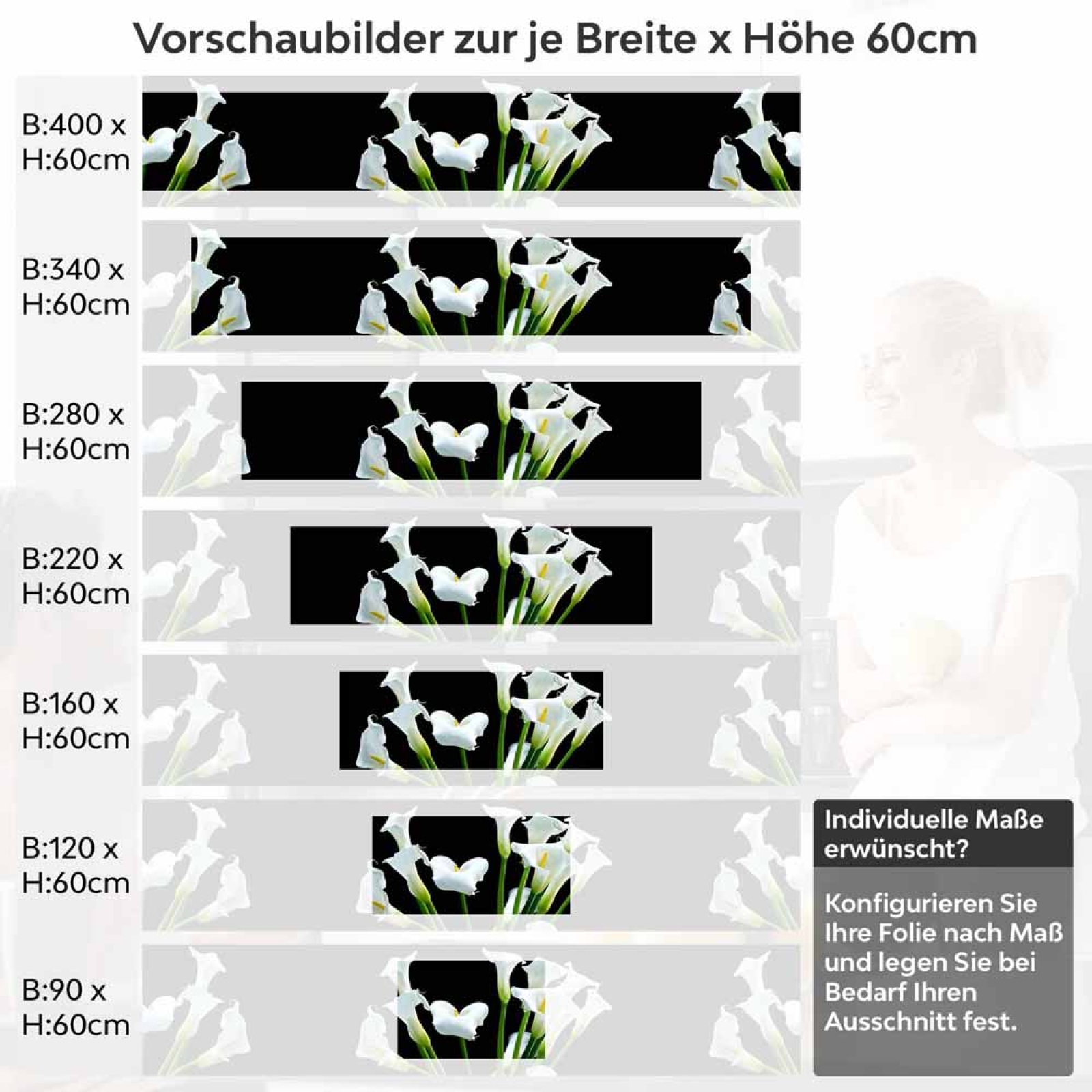 Küchenrückwand Folie weiße Calla-Lilien Höhe 60cm