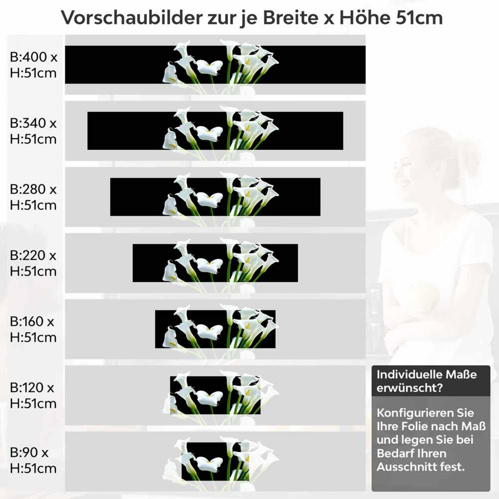 Küchenrückwand Folie elegante Calla-Blüten Höhe 51cm
