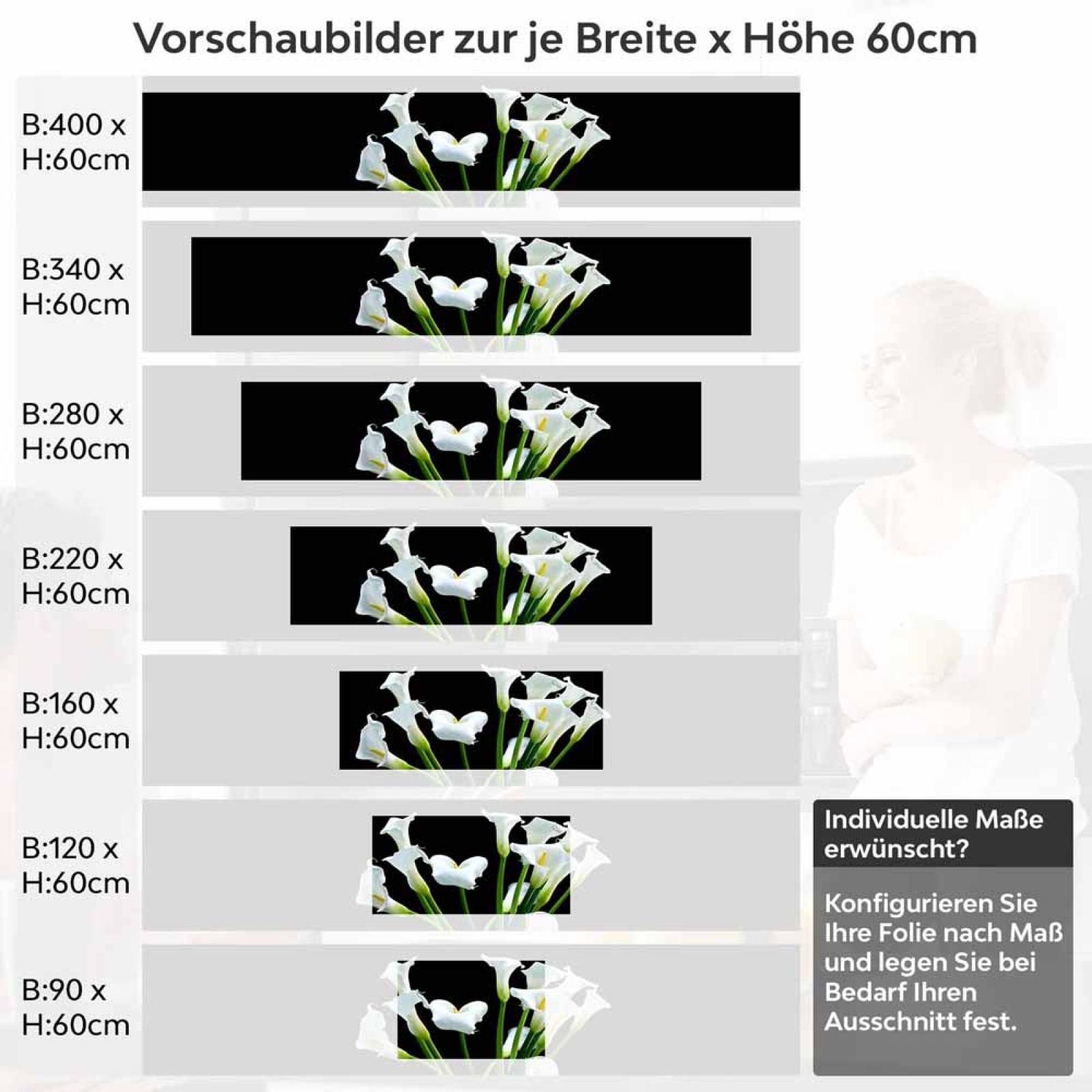 Küchenrückwand Folie elegante Calla-Blüten Höhe 60cm