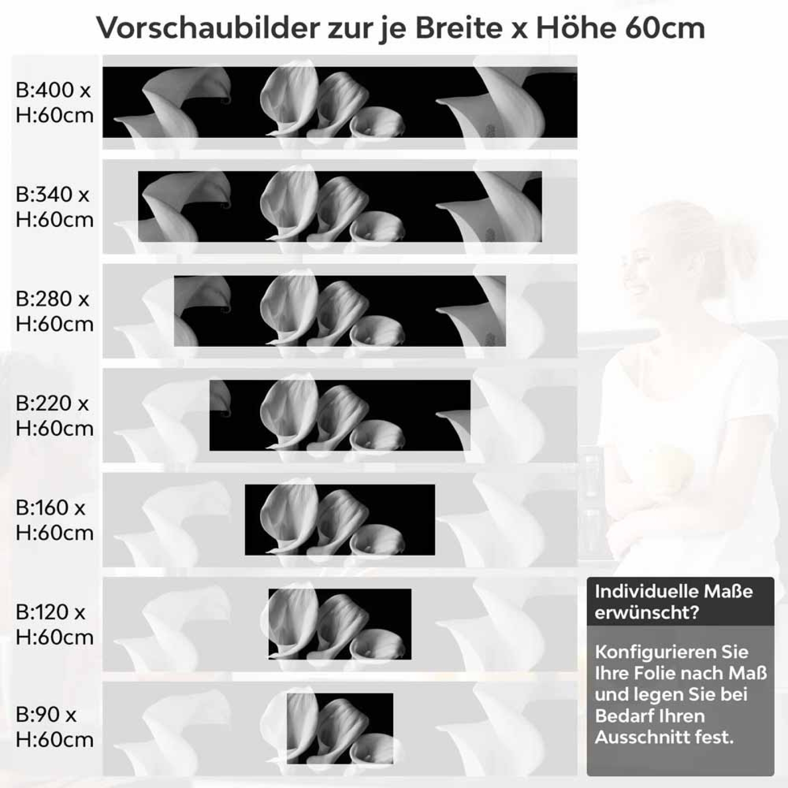 Küchenrückwand Folie monochrome Blumen - Stilvolle Calla-Lilien Höhe 60cm